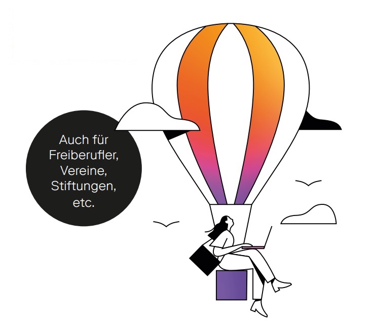 Heissluftballon mit Frau im Korb, auf dem Weg das Betriebsverm�gen anzulegen